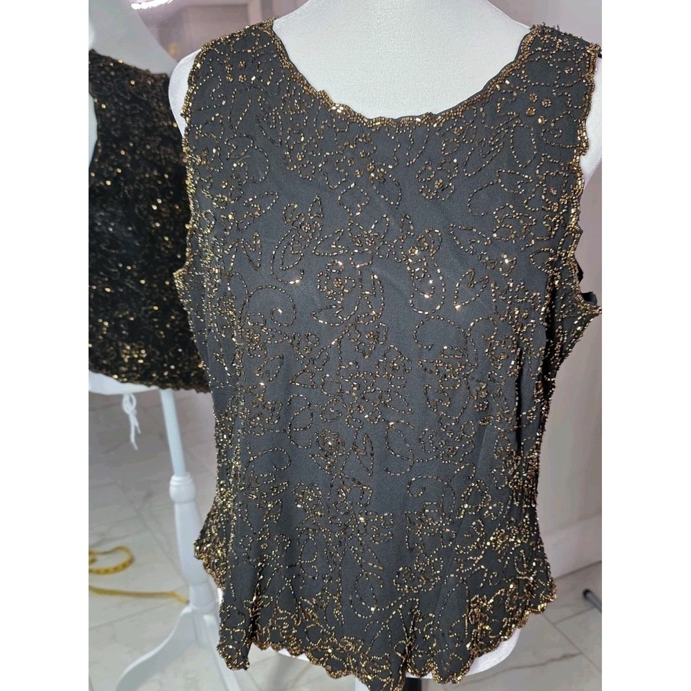 Vtg JKARA New York Black Beaded Evening Top XL Sleeveless Gold Bead Floral